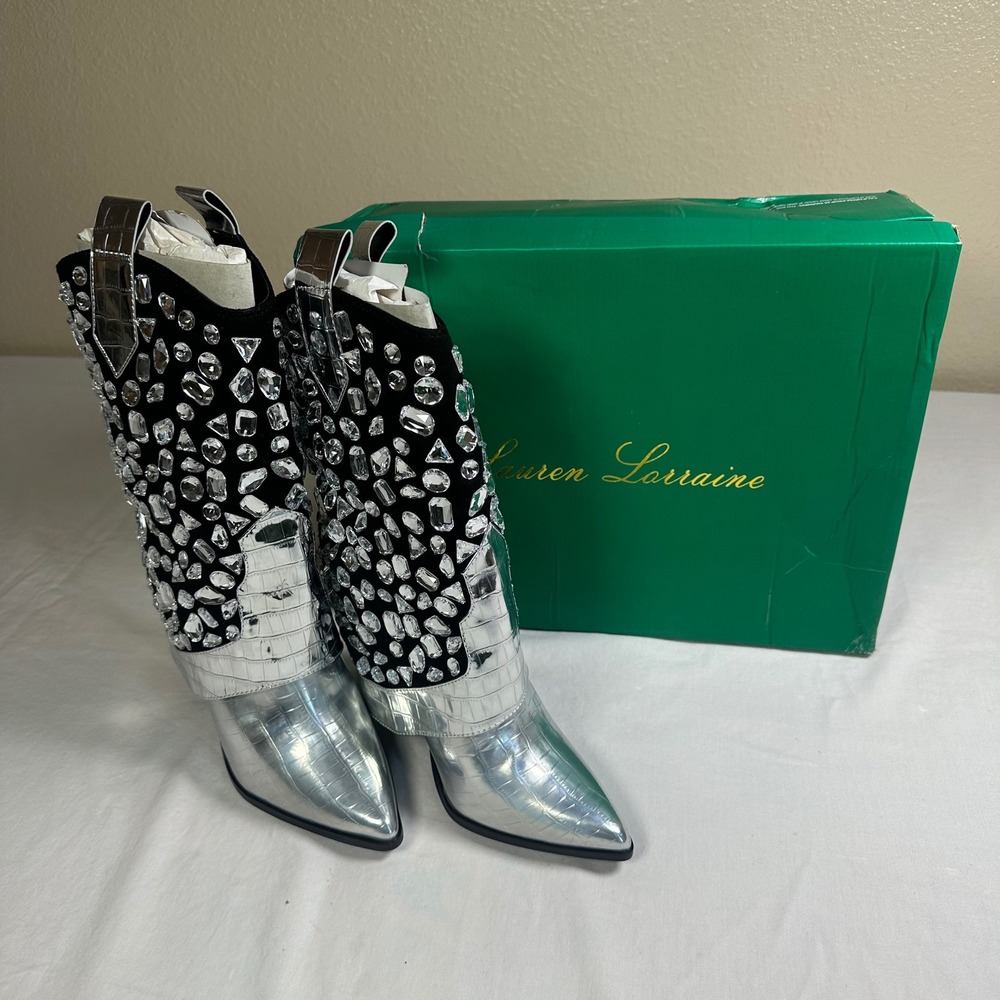 Lauren Lorraine Hana‎ Silver Rhinestone Embellished Cowboy Western Boots Size 8